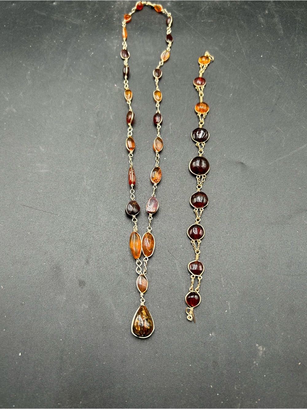 Vintage Amber Bead Drop Necklace and Bracelet Set - Brown Amber
